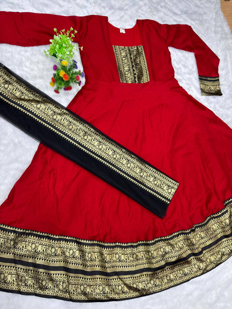 Vichitra Silk Maxi Kurti with Jacquard Border Dupatta for Girl