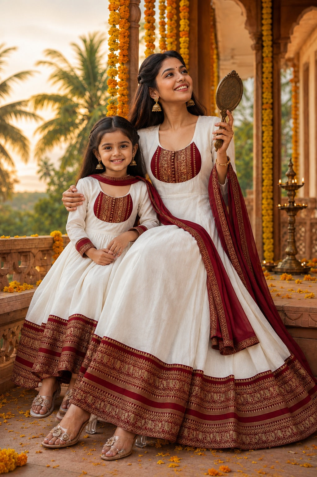 Mother Dauhgter Combo Cotton Chanderi Maxi Kurti with Jacquard Border Dupatta