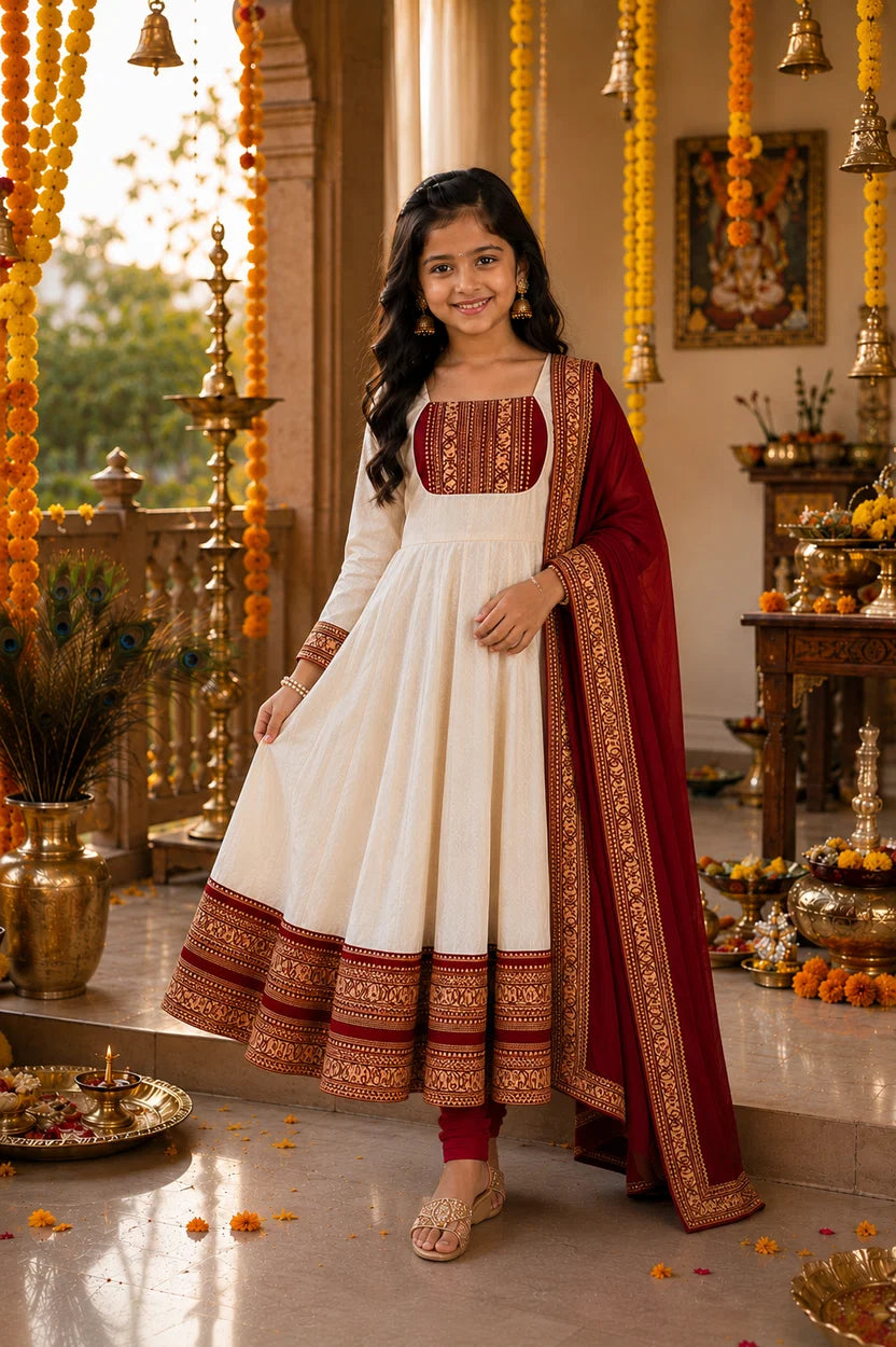 Mother Dauhgter Combo Cotton Chanderi Maxi Kurti with Jacquard Border Dupatta