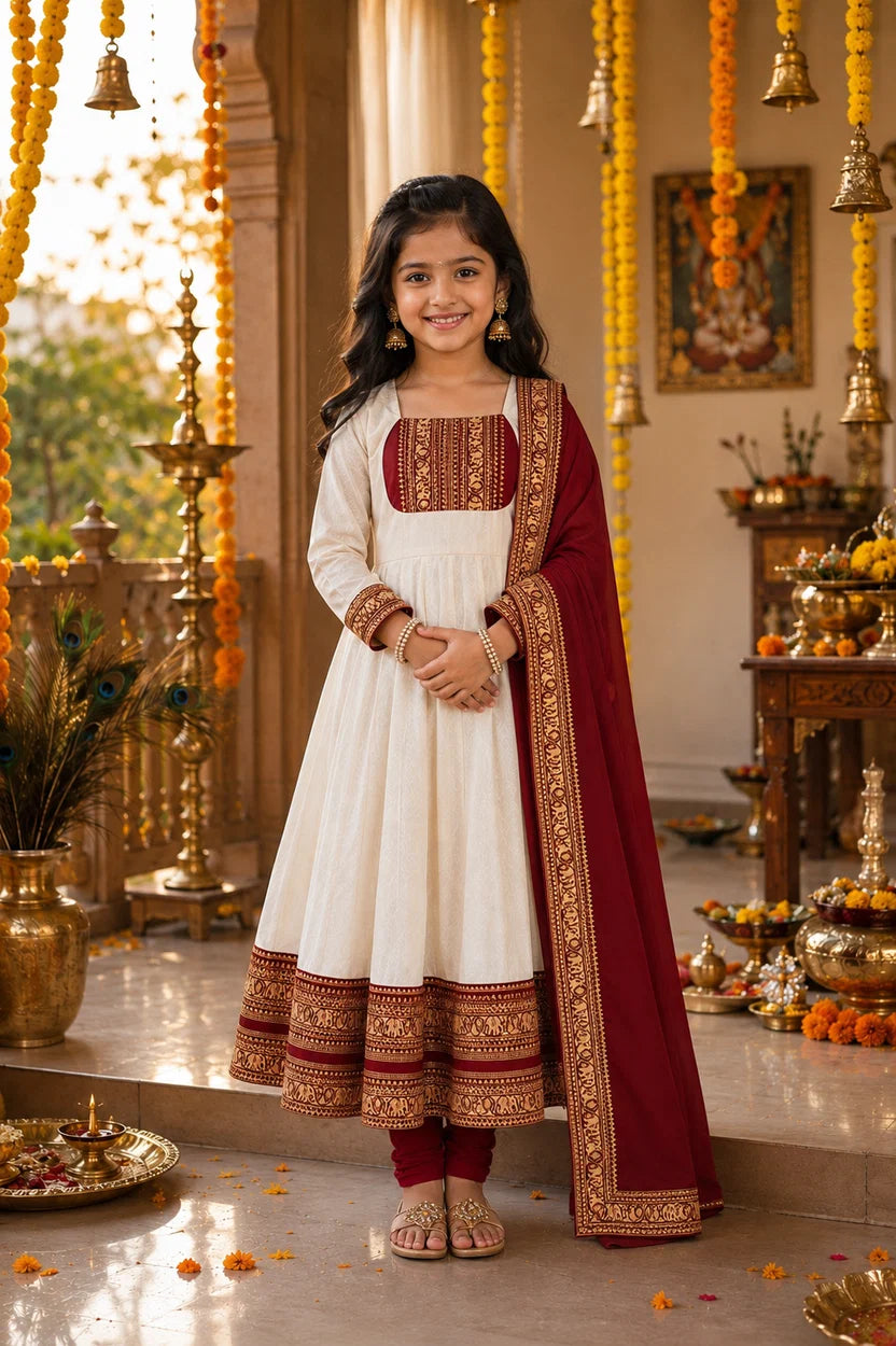 Mother Dauhgter Combo Cotton Chanderi Maxi Kurti with Jacquard Border Dupatta