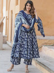 Rayon Printed Blue Kurti Pant Set with Dupatta
