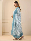 Rayon Printed White Kurti Pant Set with Dupatta