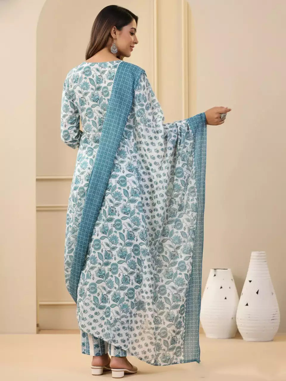 Rayon Printed White Kurti Pant Set with Dupatta