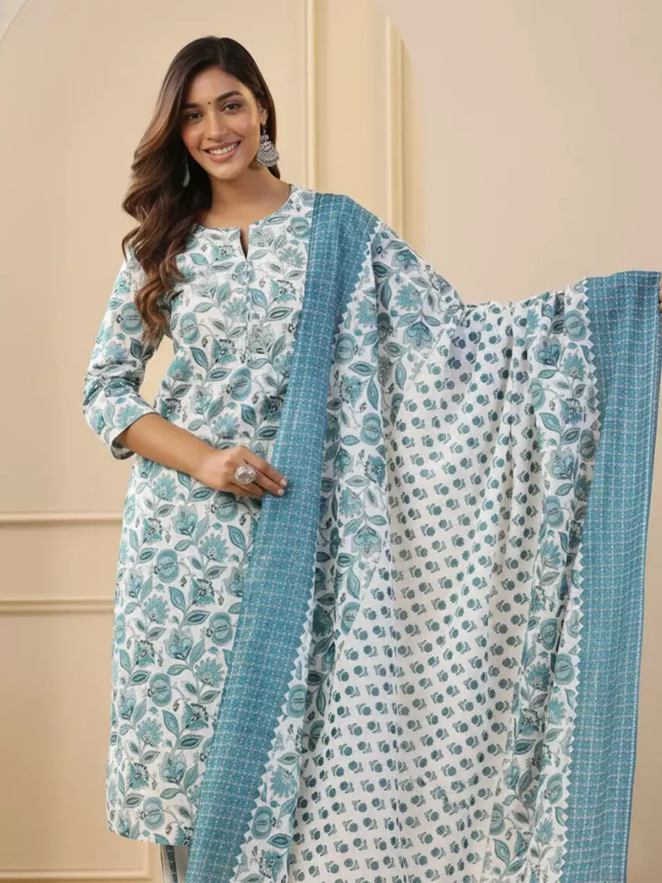 Rayon Printed White Kurti Pant Set with Dupatta