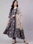 Rayon Printed Navy Blue Kurti Pant Set with Dupatta