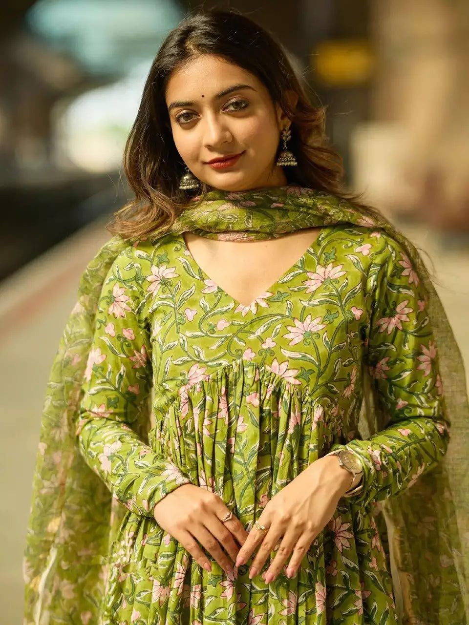 Rayon Printed Green Kurti Pant Set with Dupatta