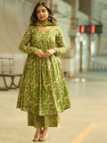 Rayon Printed Green Kurti Pant Set with Dupatta