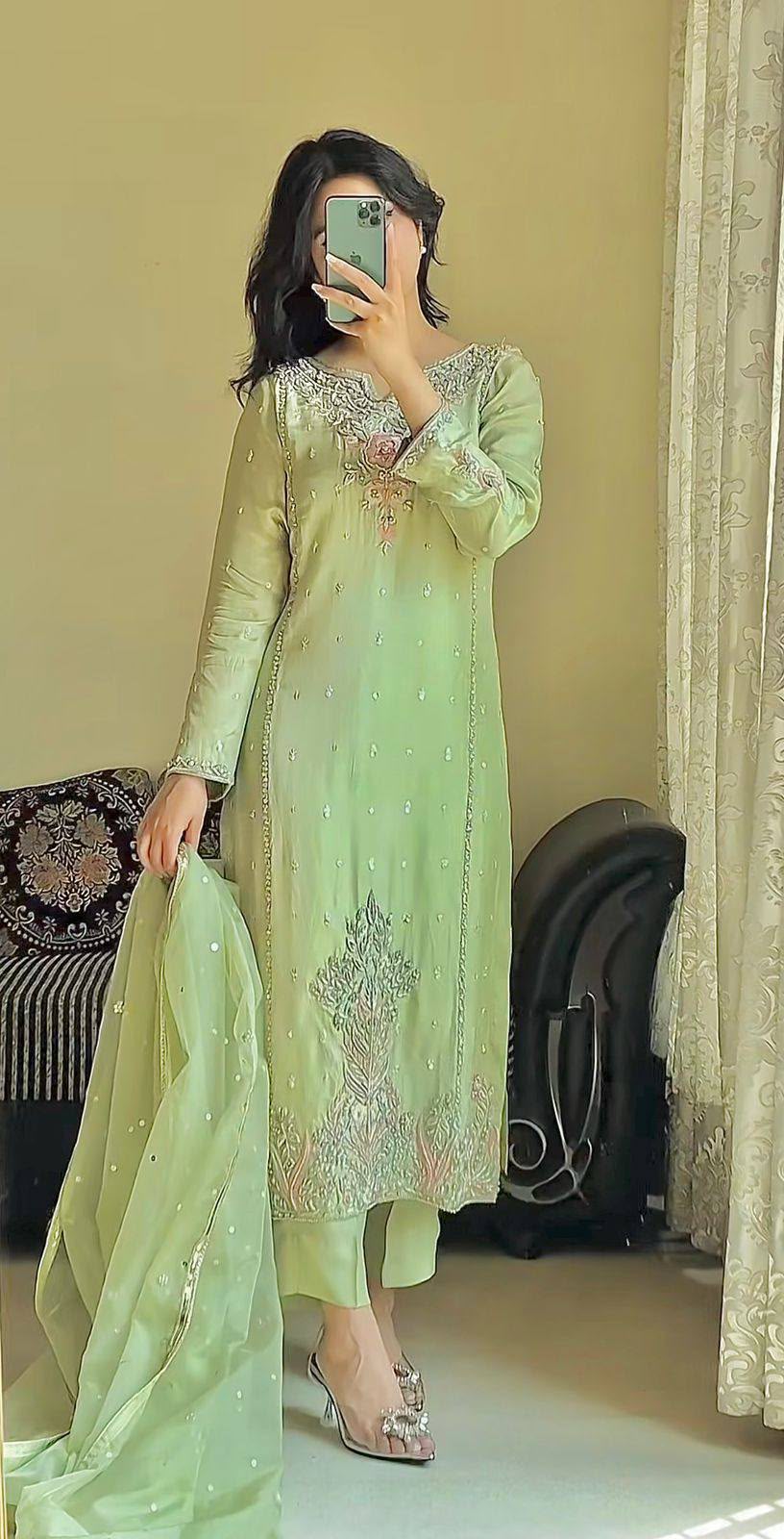 Fox Georgette Sequin Embroidered Kurti Pant with Dupatta
