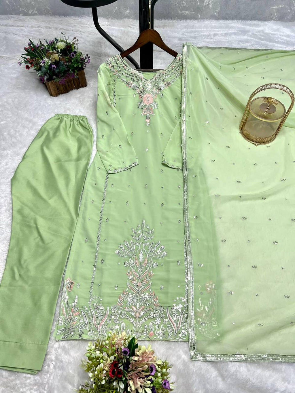 Fox Georgette Sequin Embroidered Kurti Pant with Dupatta