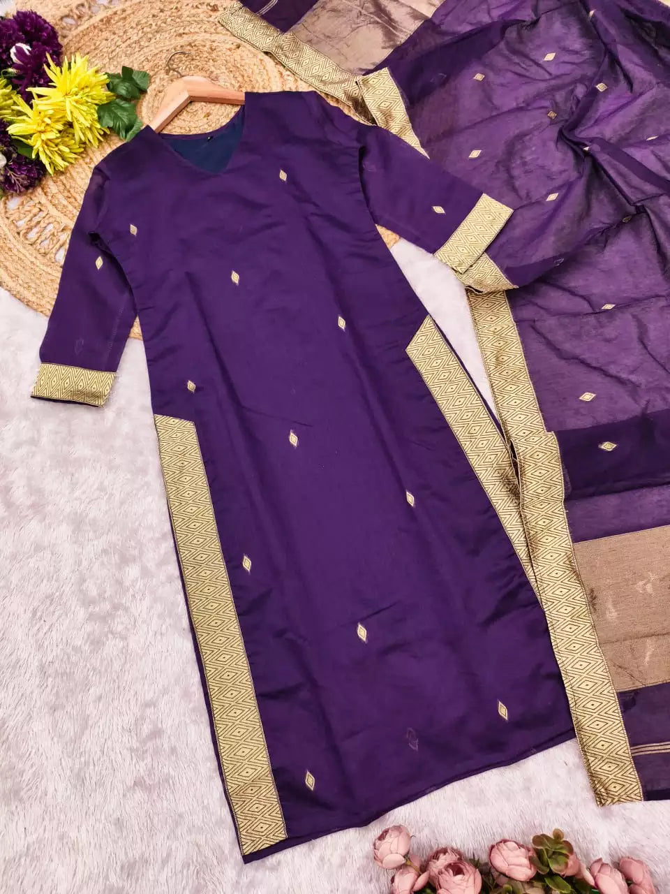 Jacquard Silk Embroidered Maxi Kurti with Dupatta