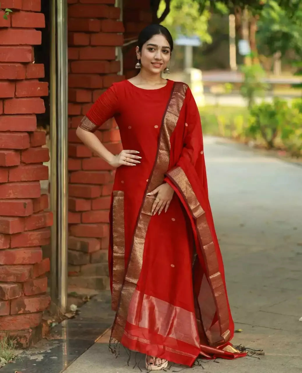 Jacquard Silk Embroidered Maxi Kurti with Dupatta