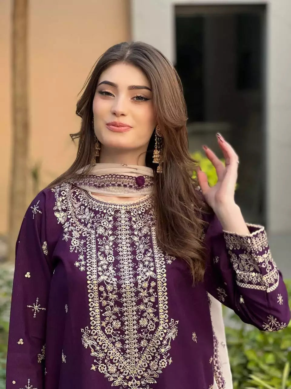 Faux Georgette Sequence Embroidered Kurti Pant Set with Dupatta