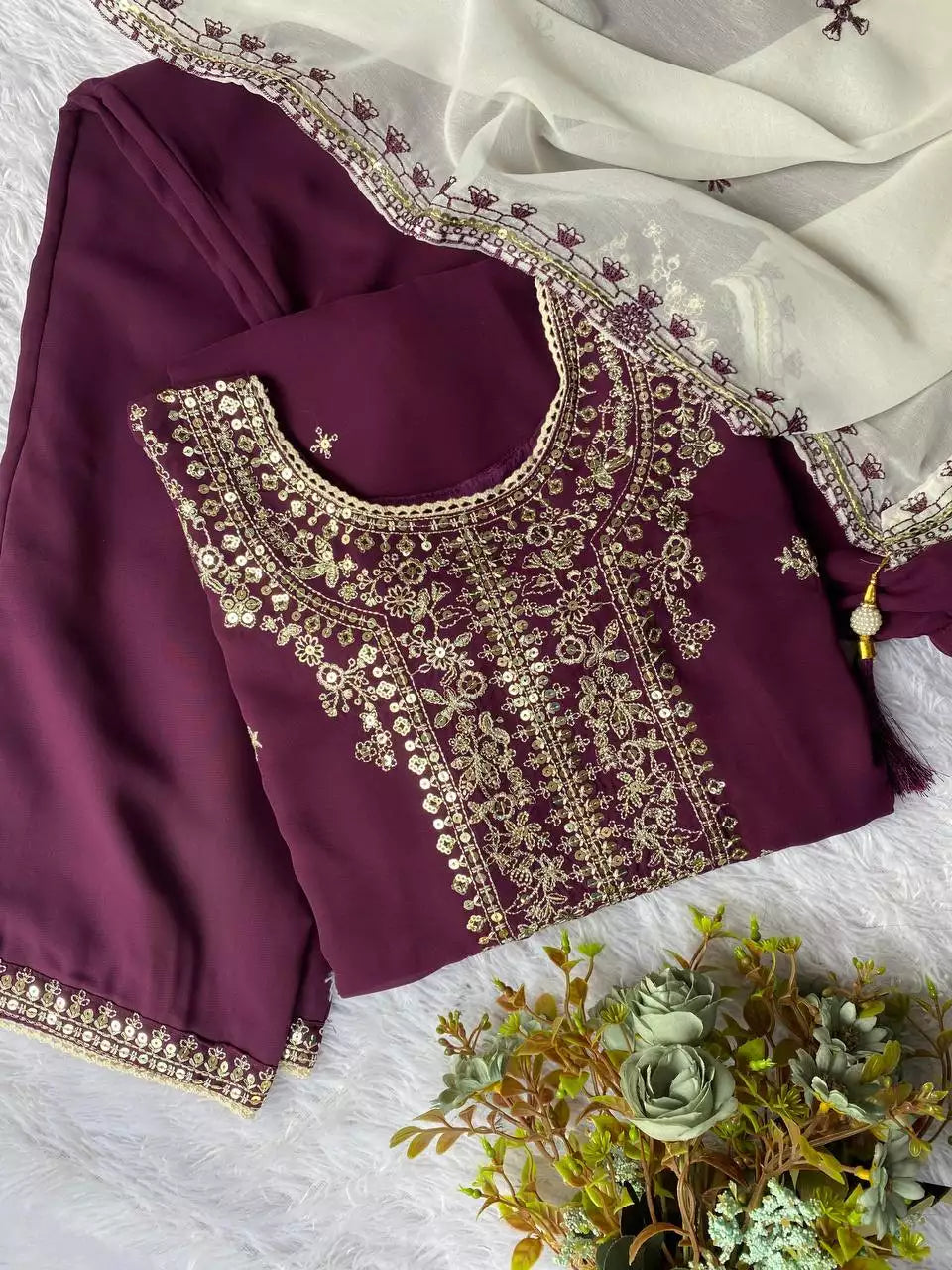 Faux Georgette Sequence Embroidered Kurti Pant Set with Dupatta