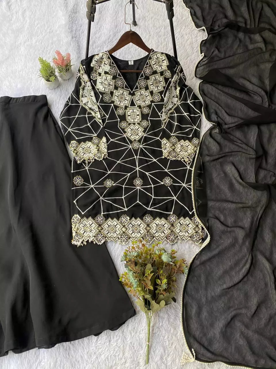 Georgette Sequence Embroidered Top Palazzo Set with Dupatta