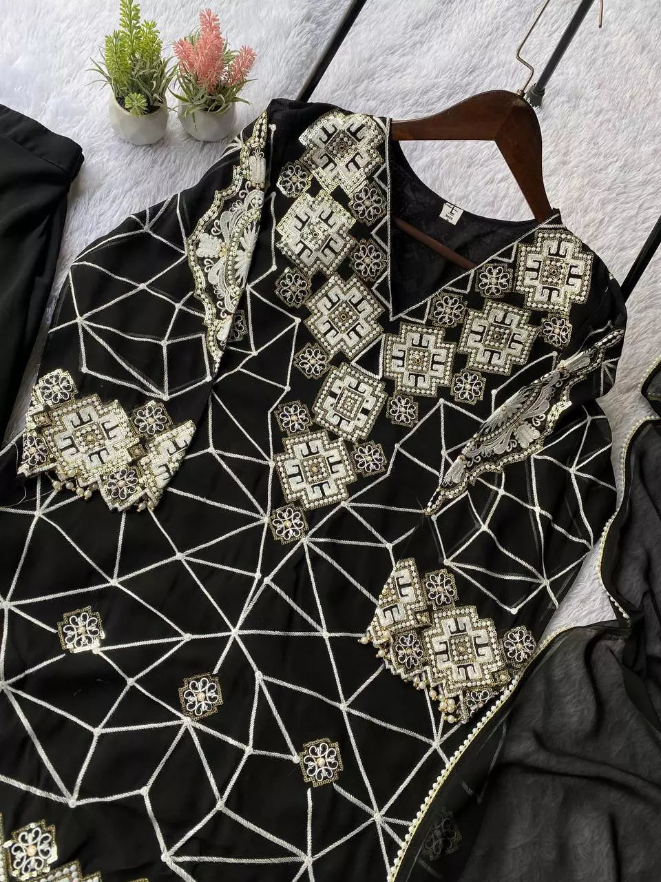 Georgette Sequence Embroidered Top Palazzo Set with Dupatta