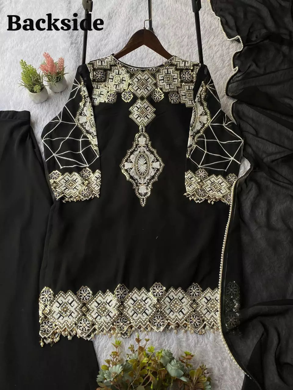 Georgette Sequence Embroidered Top Palazzo Set with Dupatta