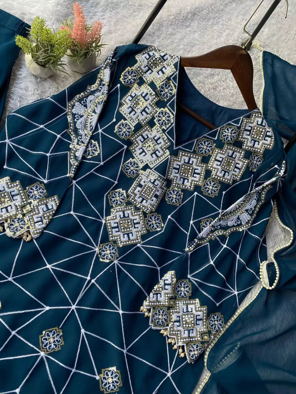 Georgette Sequence Embroidered Top Palazzo Set with Dupatta