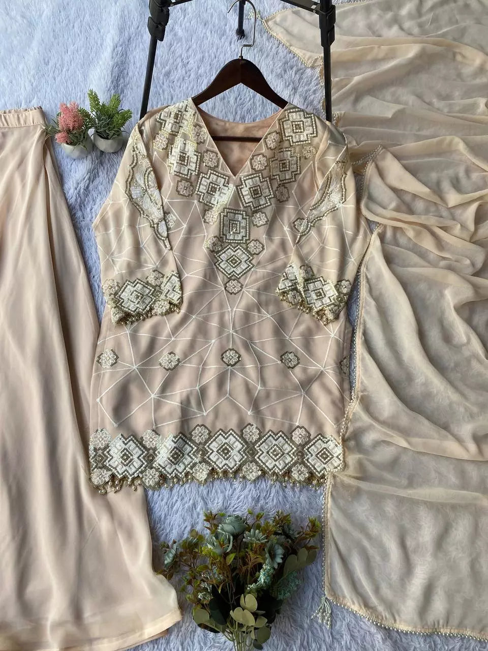 Georgette Sequence Embroidered Top Palazzo Set with Dupatta