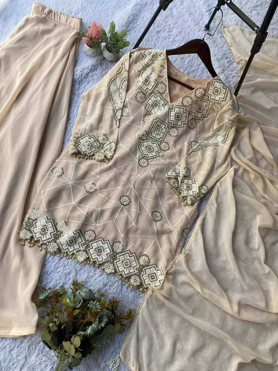 Georgette Sequence Embroidered Top Palazzo Set with Dupatta