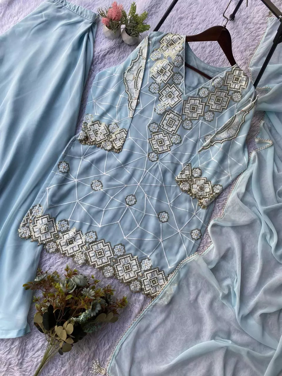 Georgette Sequence Embroidered Top Palazzo Set with Dupatta