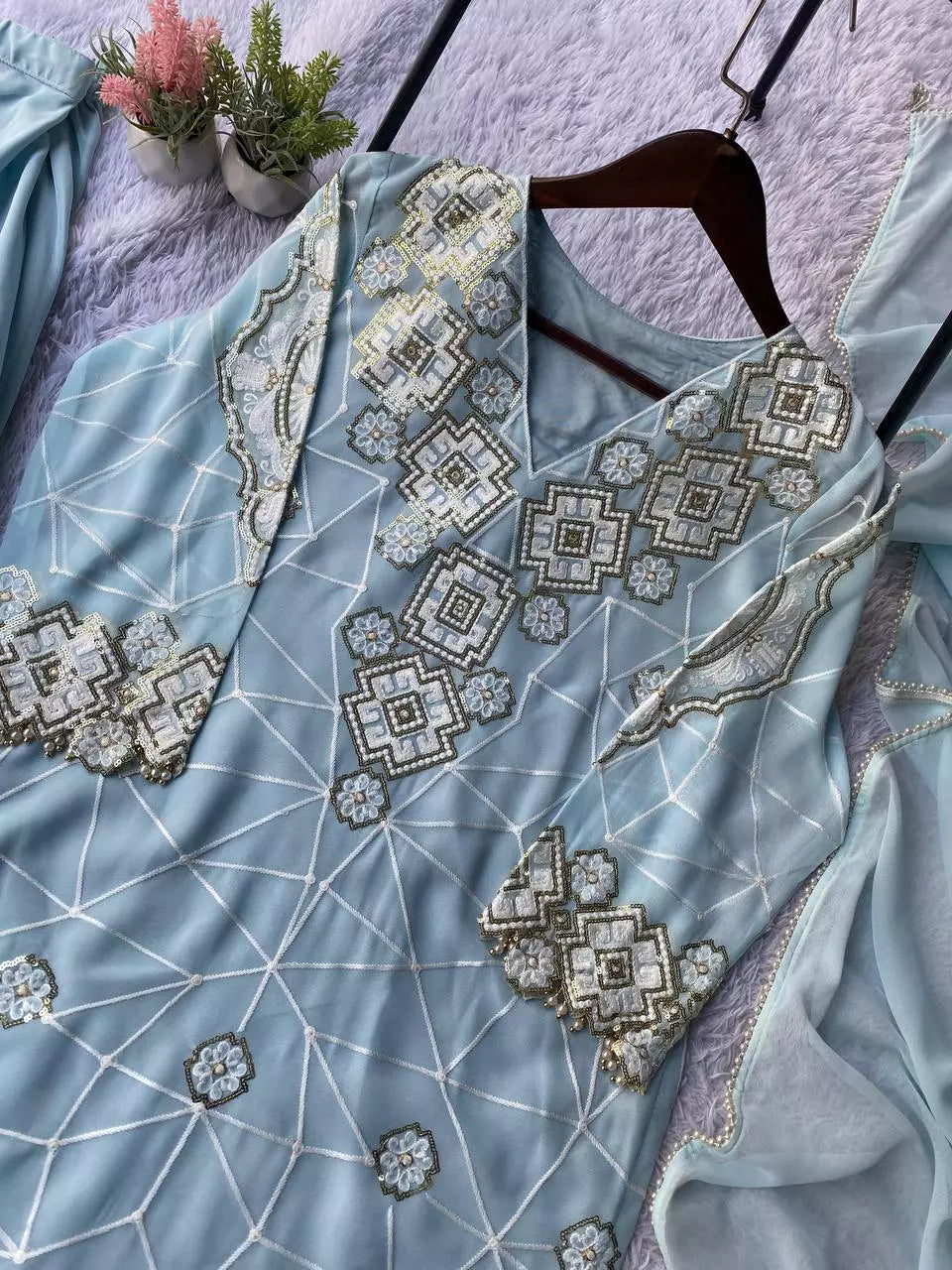 Georgette Sequence Embroidered Top Palazzo Set with Dupatta