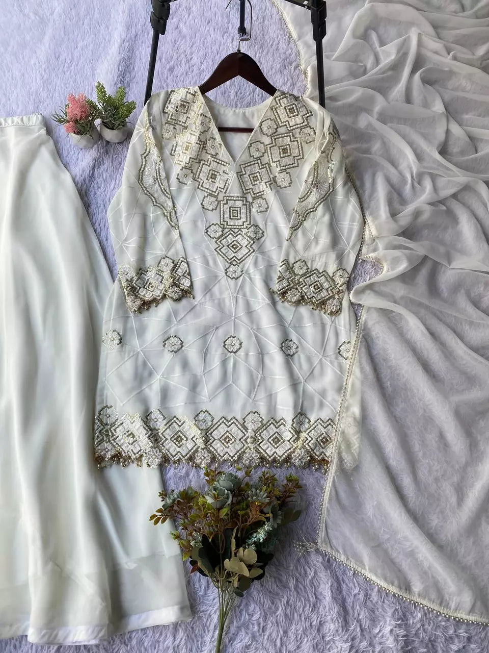 Georgette Sequence Embroidered Top Palazzo Set with Dupatta