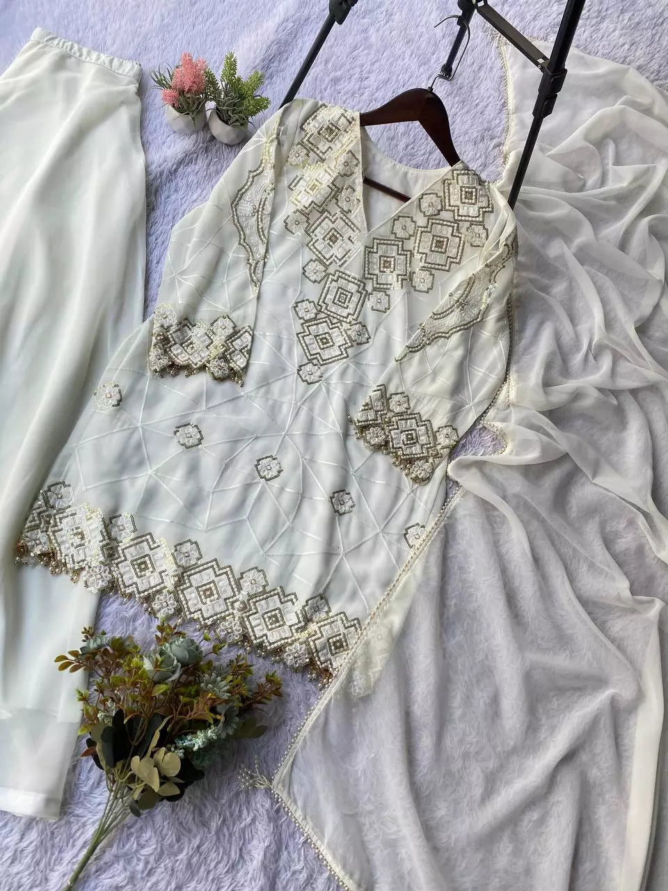 Georgette Sequence Embroidered Top Palazzo Set with Dupatta