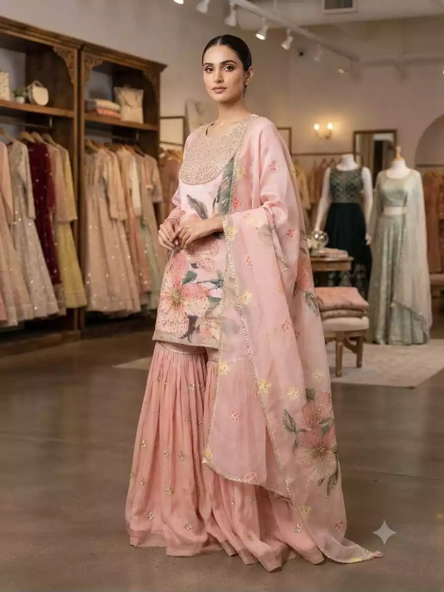 Printed Soft Organza Sequence Embroidered Top Sharara Set with Dupatta