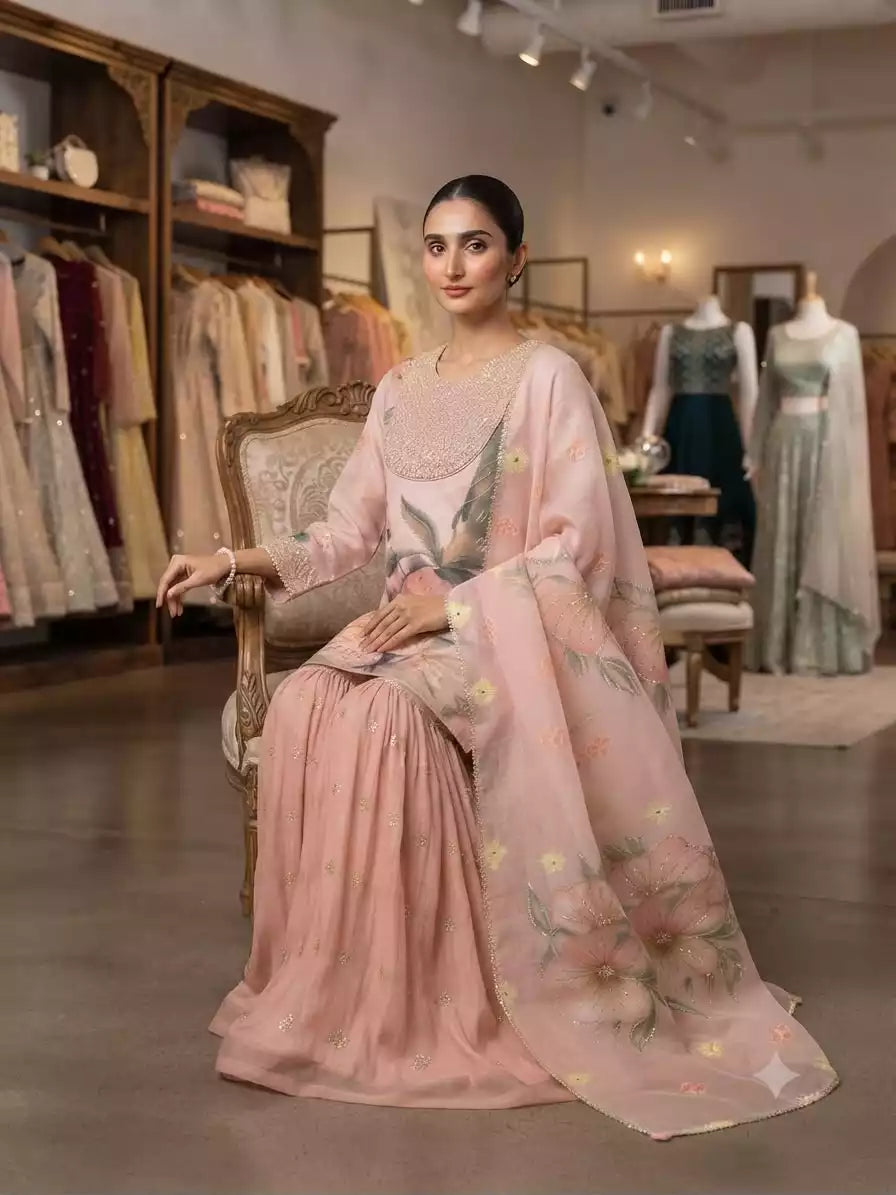 Printed Soft Organza Sequence Embroidered Top Sharara Set with Dupatta