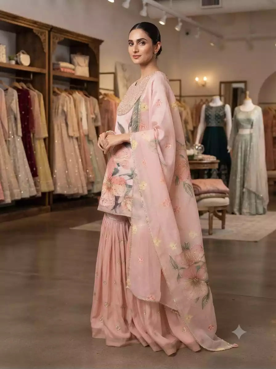 Printed Soft Organza Sequence Embroidered Top Sharara Set with Dupatta