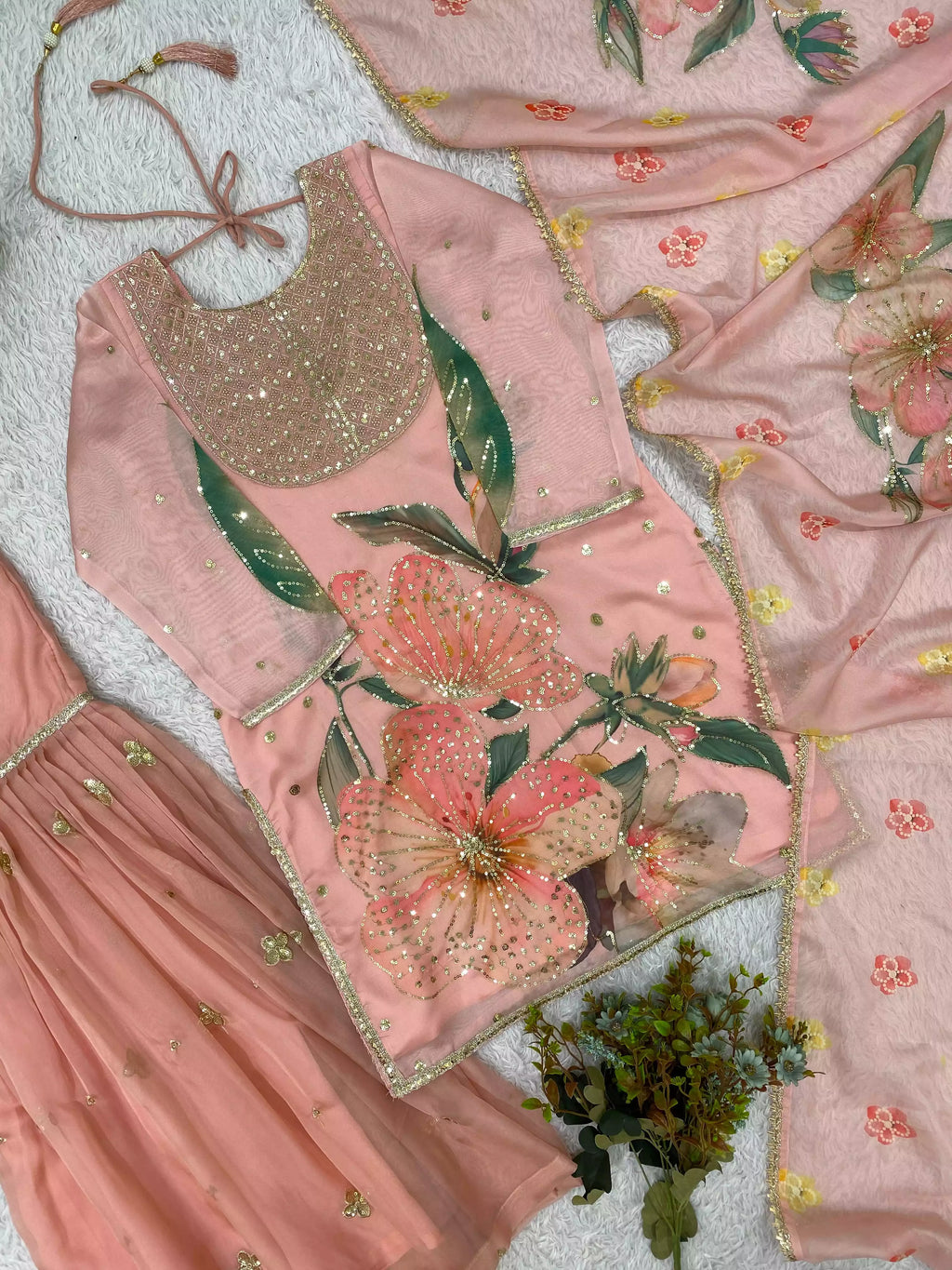 Printed Soft Organza Sequence Embroidered Top Sharara Set with Dupatta