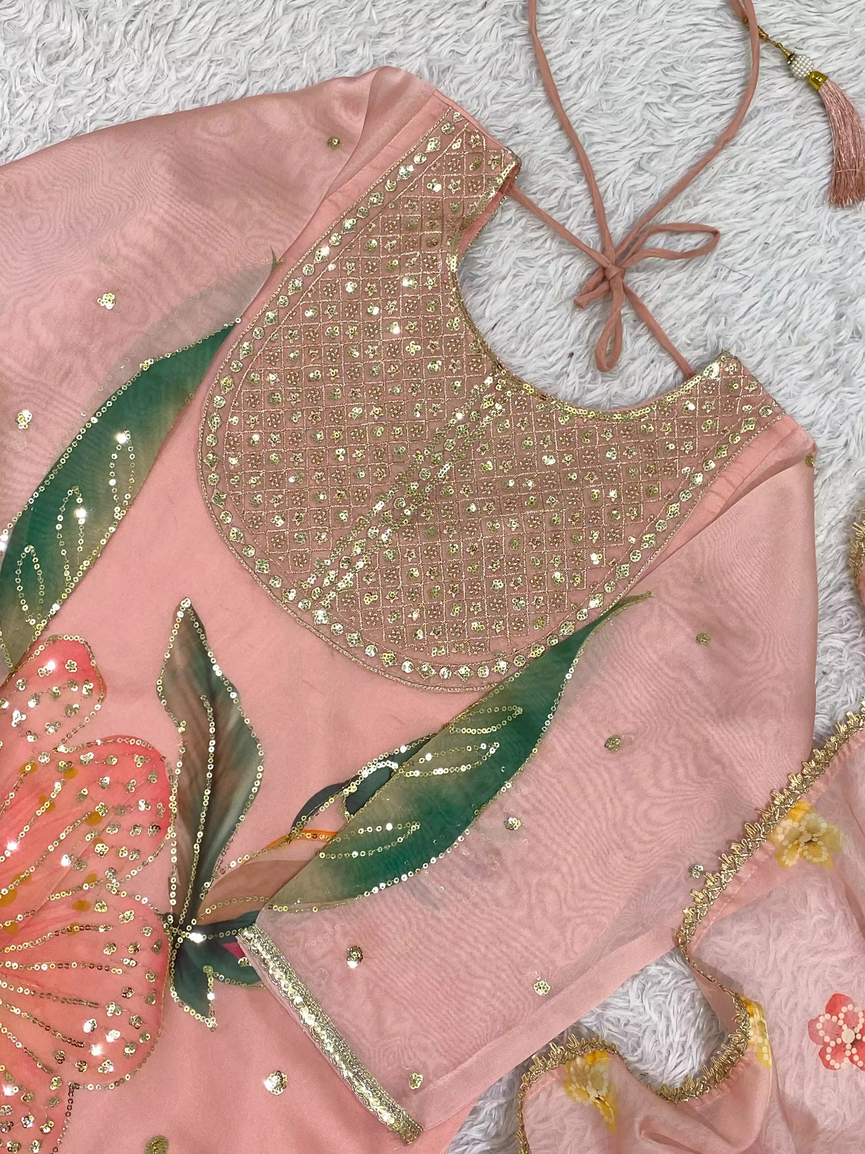 Printed Soft Organza Sequence Embroidered Top Sharara Set with Dupatta