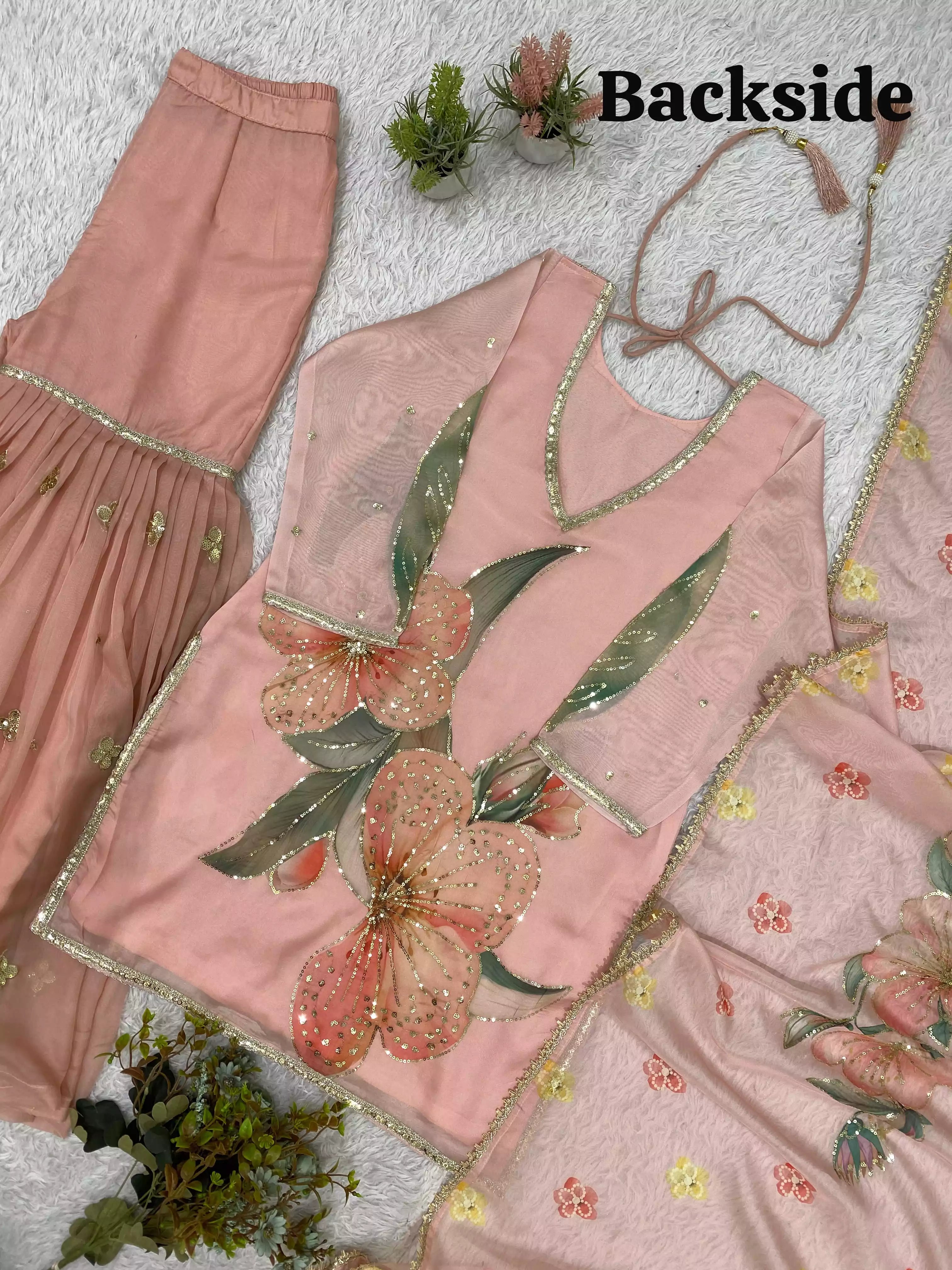 Printed Soft Organza Sequence Embroidered Top Sharara Set with Dupatta
