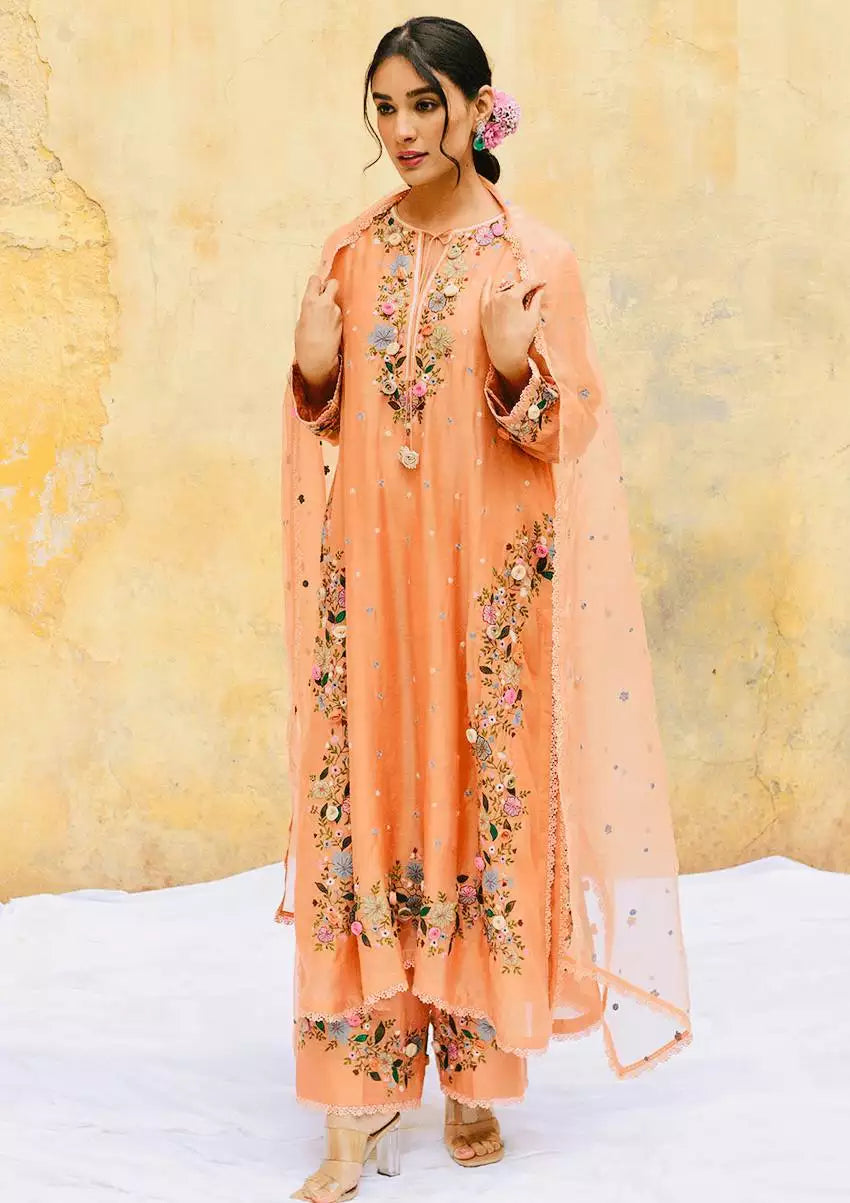 Faux Georgette Embroidered Top, Palazzo with Dupatta Set