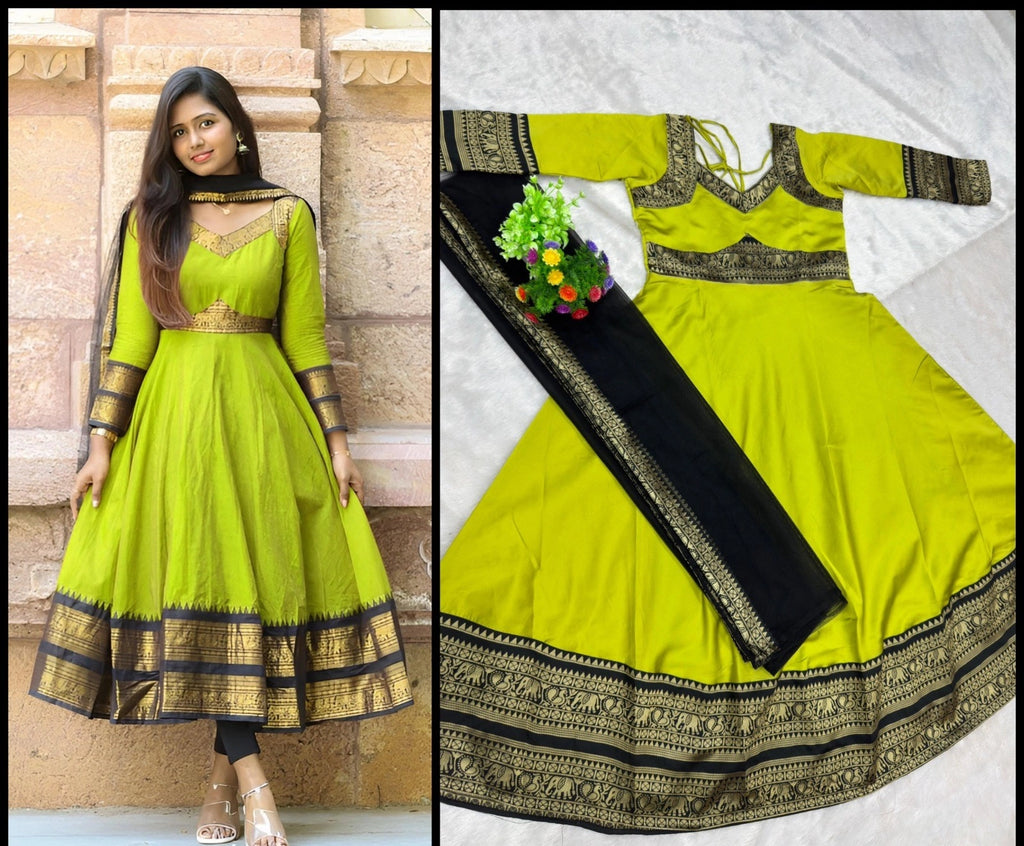 Jacquard Silk Anarkali Kurti with Net Dupatta