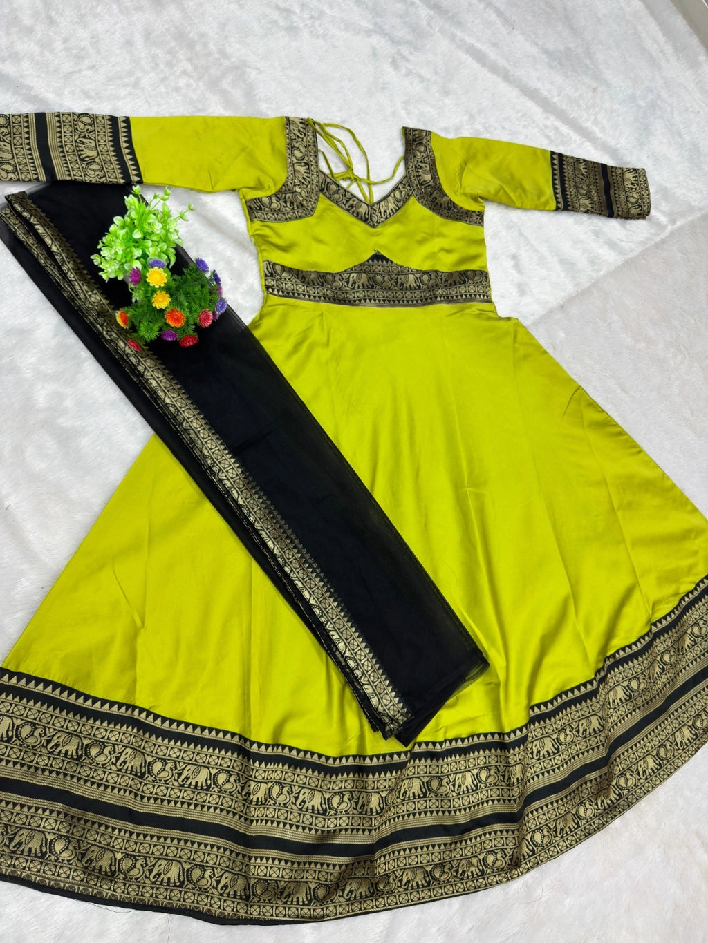 Jacquard Silk Anarkali Kurti with Net Dupatta