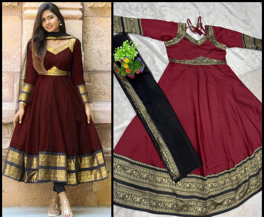Jacquard Silk Anarkali Kurti with Net Dupatta