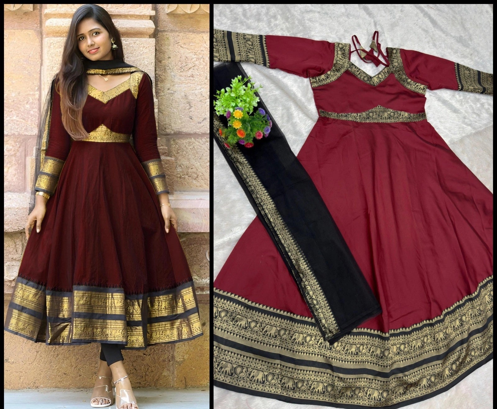 Jacquard Silk Anarkali Kurti with Net Dupatta