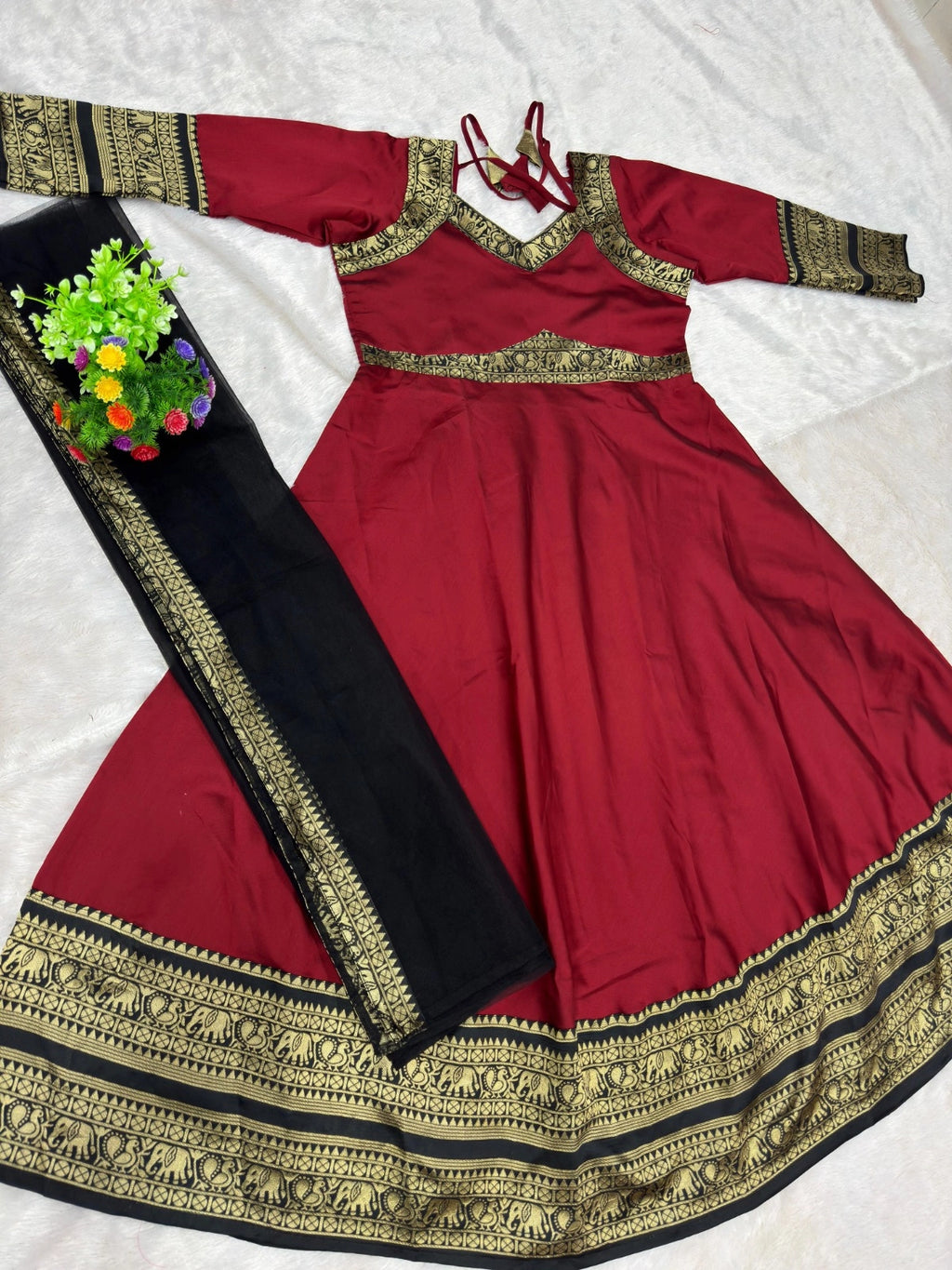 Jacquard Silk Anarkali Kurti with Net Dupatta