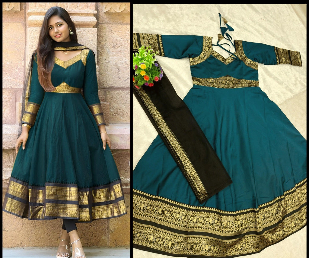 Jacquard Silk Anarkali Kurti with Net Dupatta