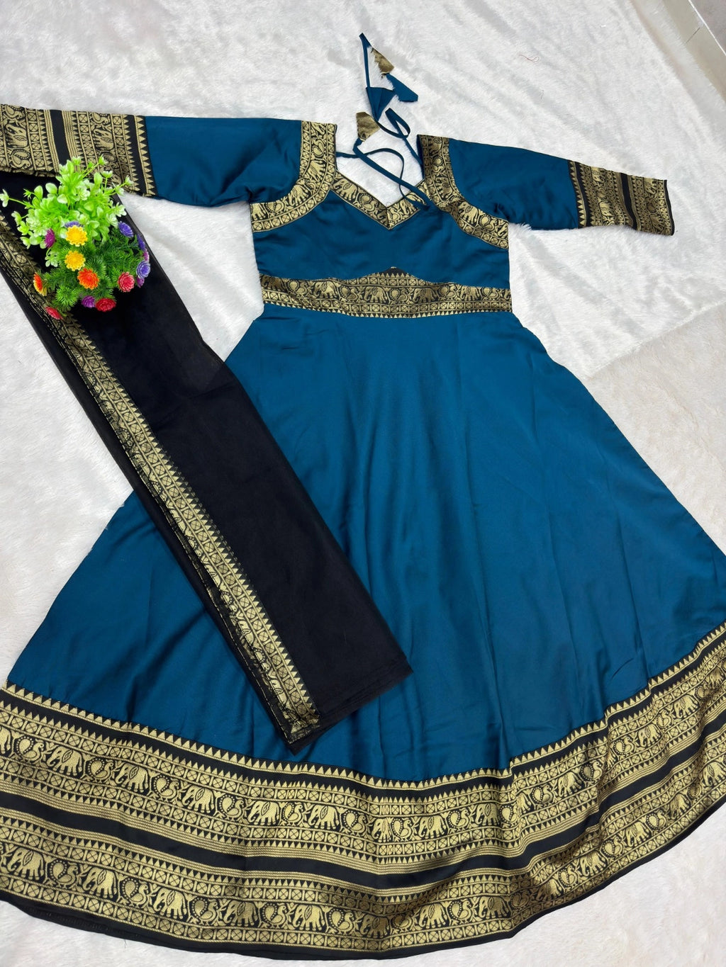 Jacquard Silk Anarkali Kurti with Net Dupatta