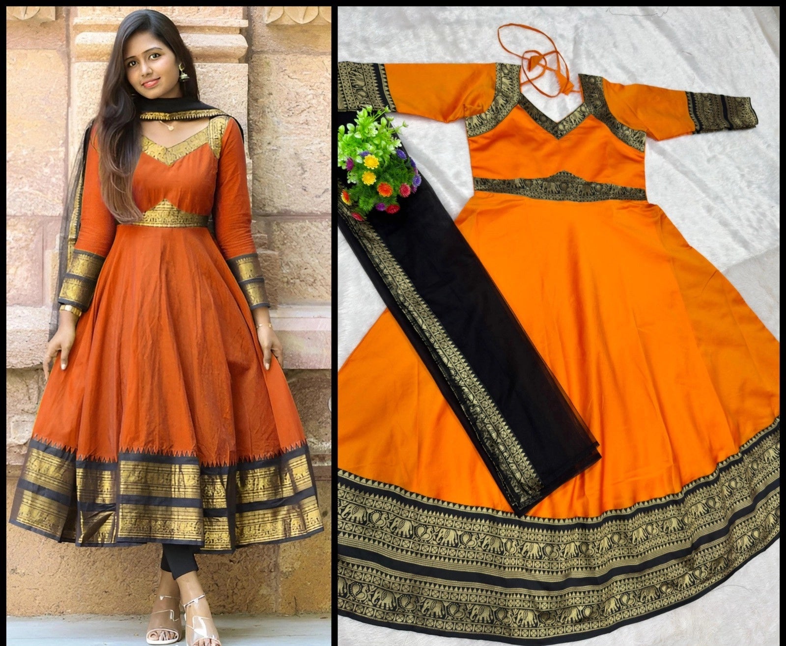 Jacquard Silk Anarkali Kurti with Net Dupatta