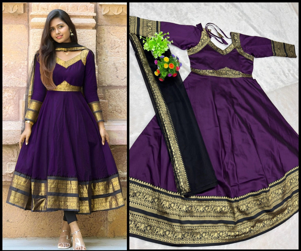 Jacquard Silk Anarkali Kurti with Net Dupatta