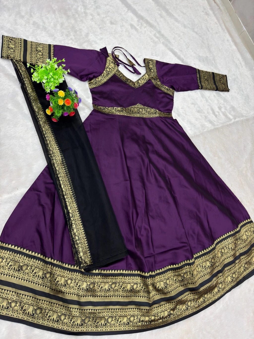 Jacquard Silk Anarkali Kurti with Net Dupatta