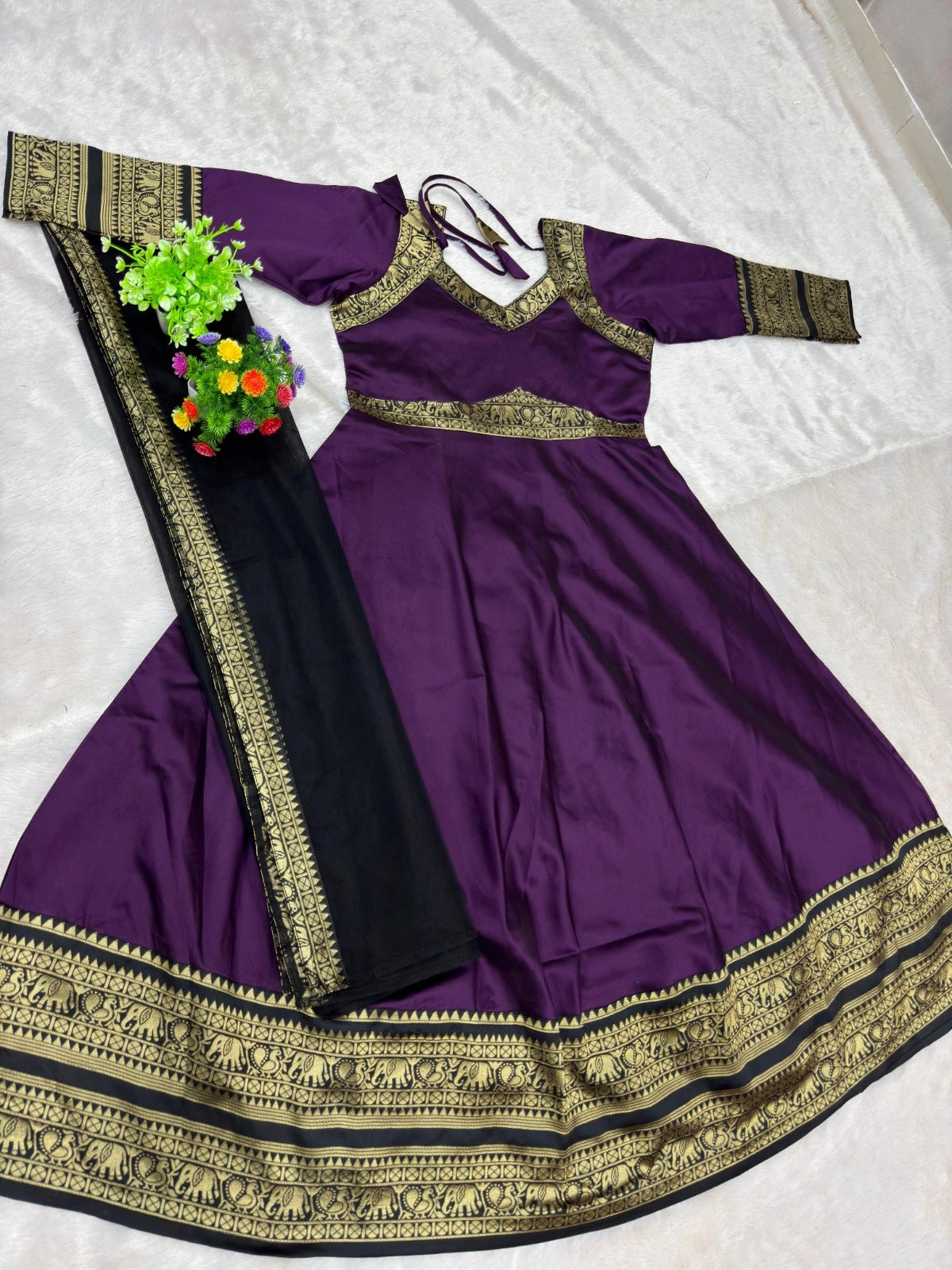 Jacquard Silk Anarkali Kurti with Net Dupatta