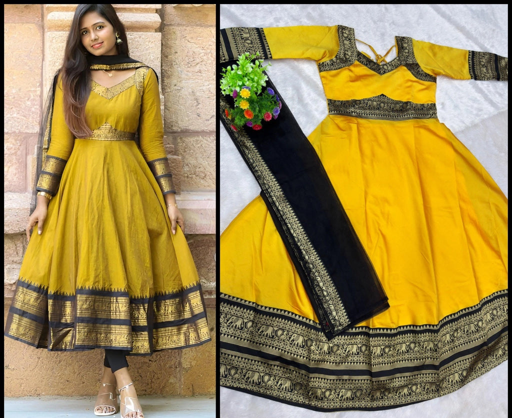 Jacquard Silk Anarkali Kurti with Net Dupatta