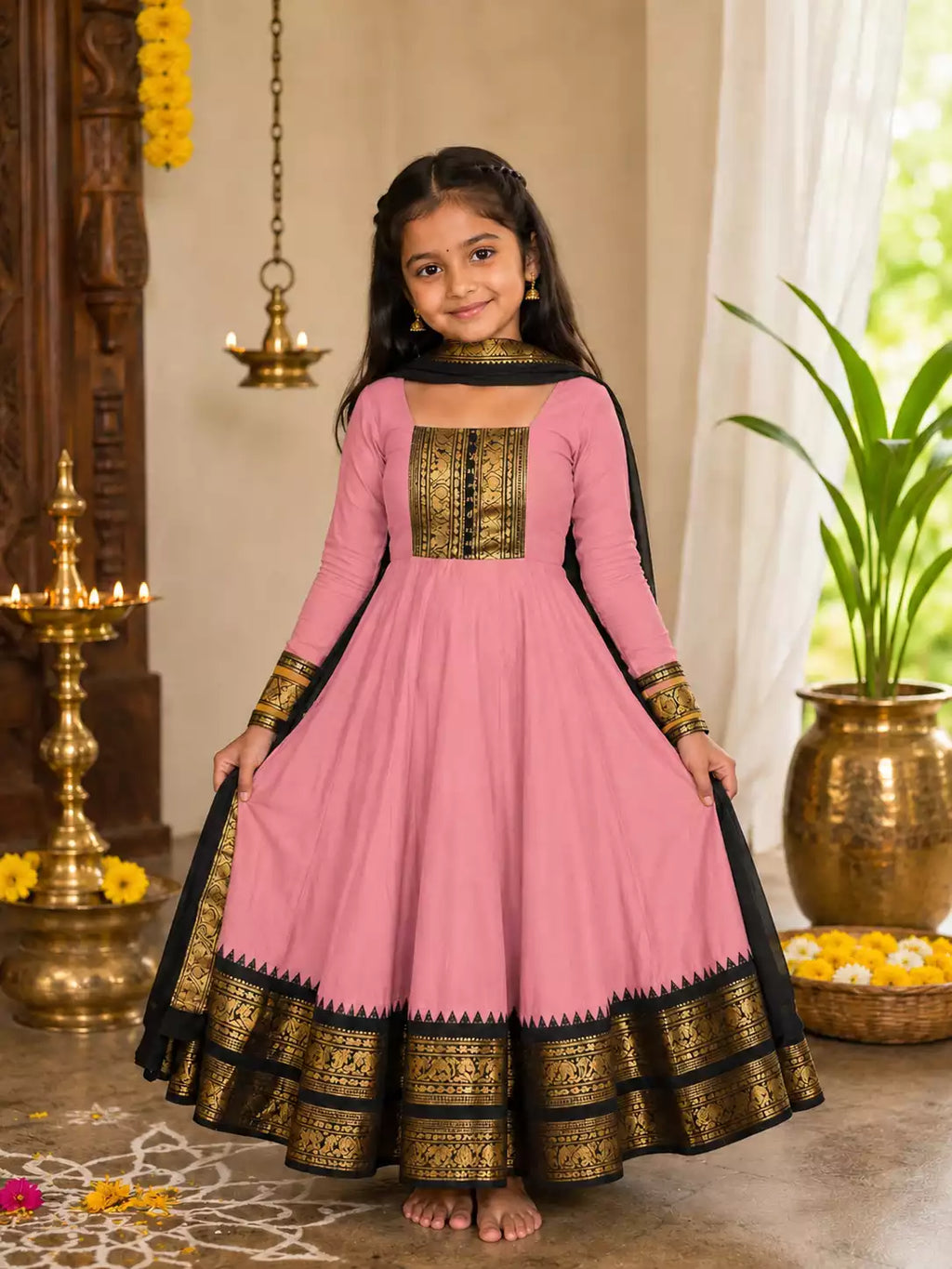 Vichitra Silk Maxi Kurti with Jacquard Border Dupatta for Girl