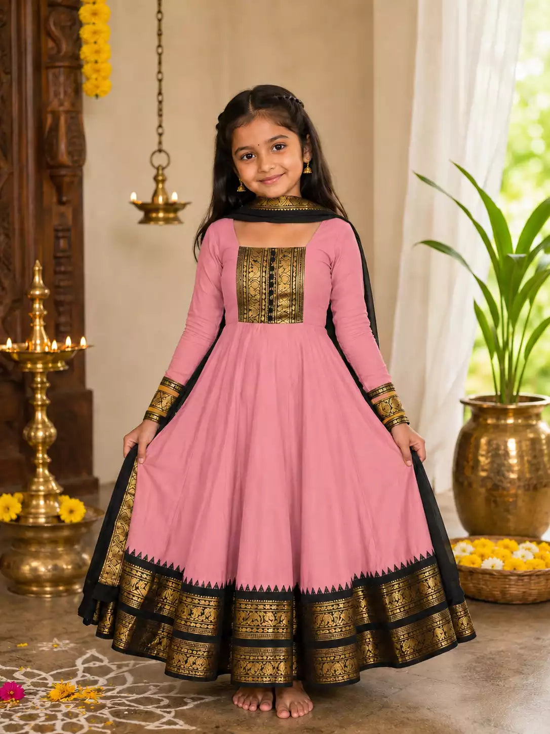 Vichitra Silk Maxi Kurti with Jacquard Border Dupatta for Girl