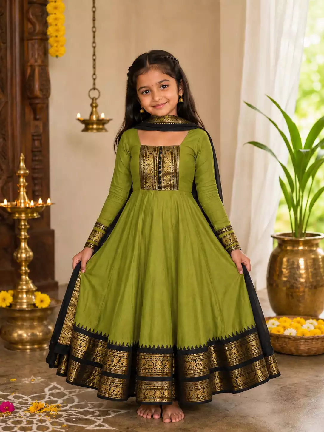 Vichitra Silk Maxi Kurti with Jacquard Border Dupatta for Girl