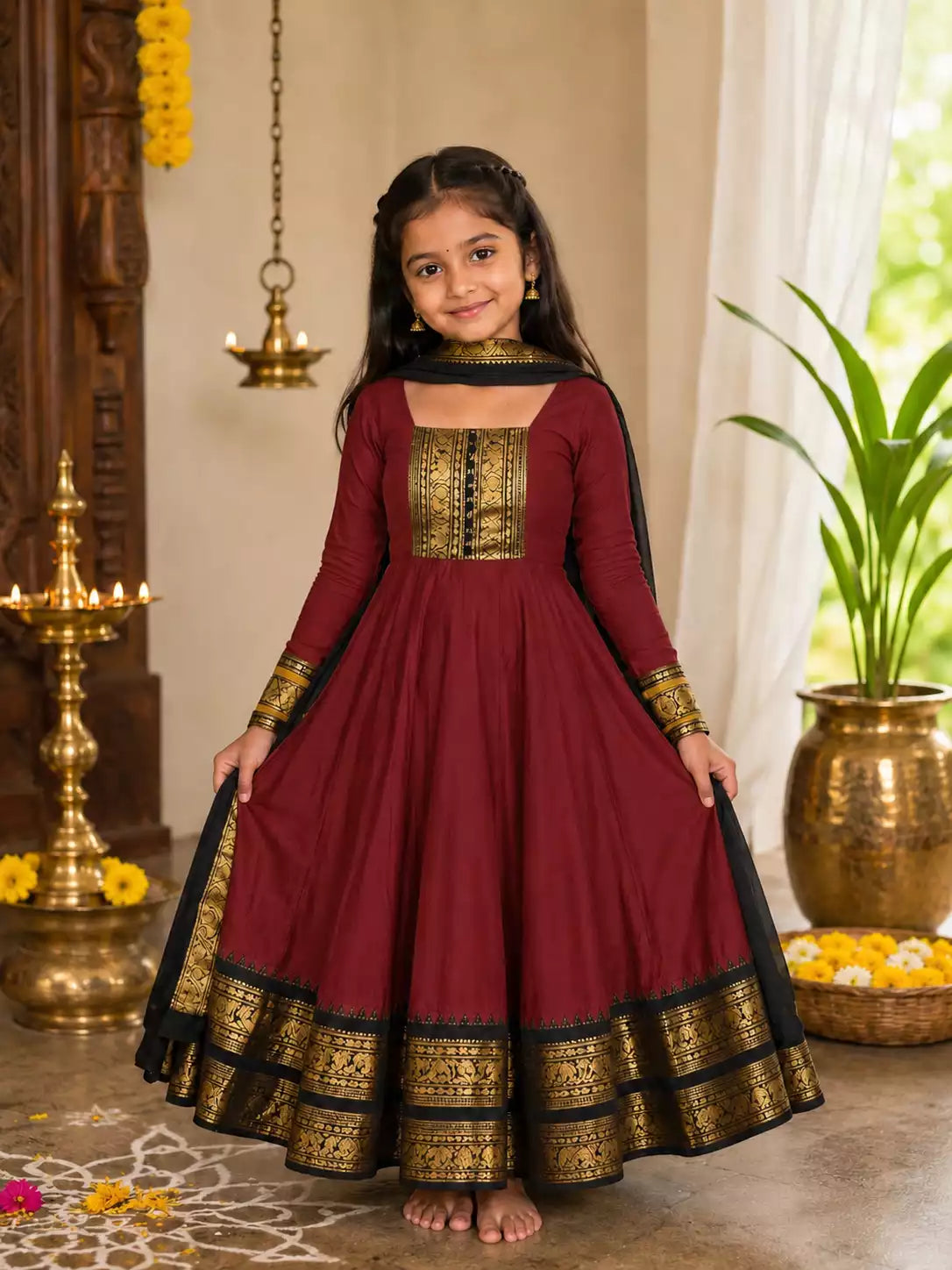Vichitra Silk Maxi Kurti with Jacquard Border Dupatta for Girl